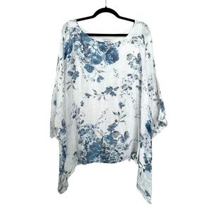 MADE IN ITALY Floral Print Oversized Popover Blouse Blouse Blue White One Size